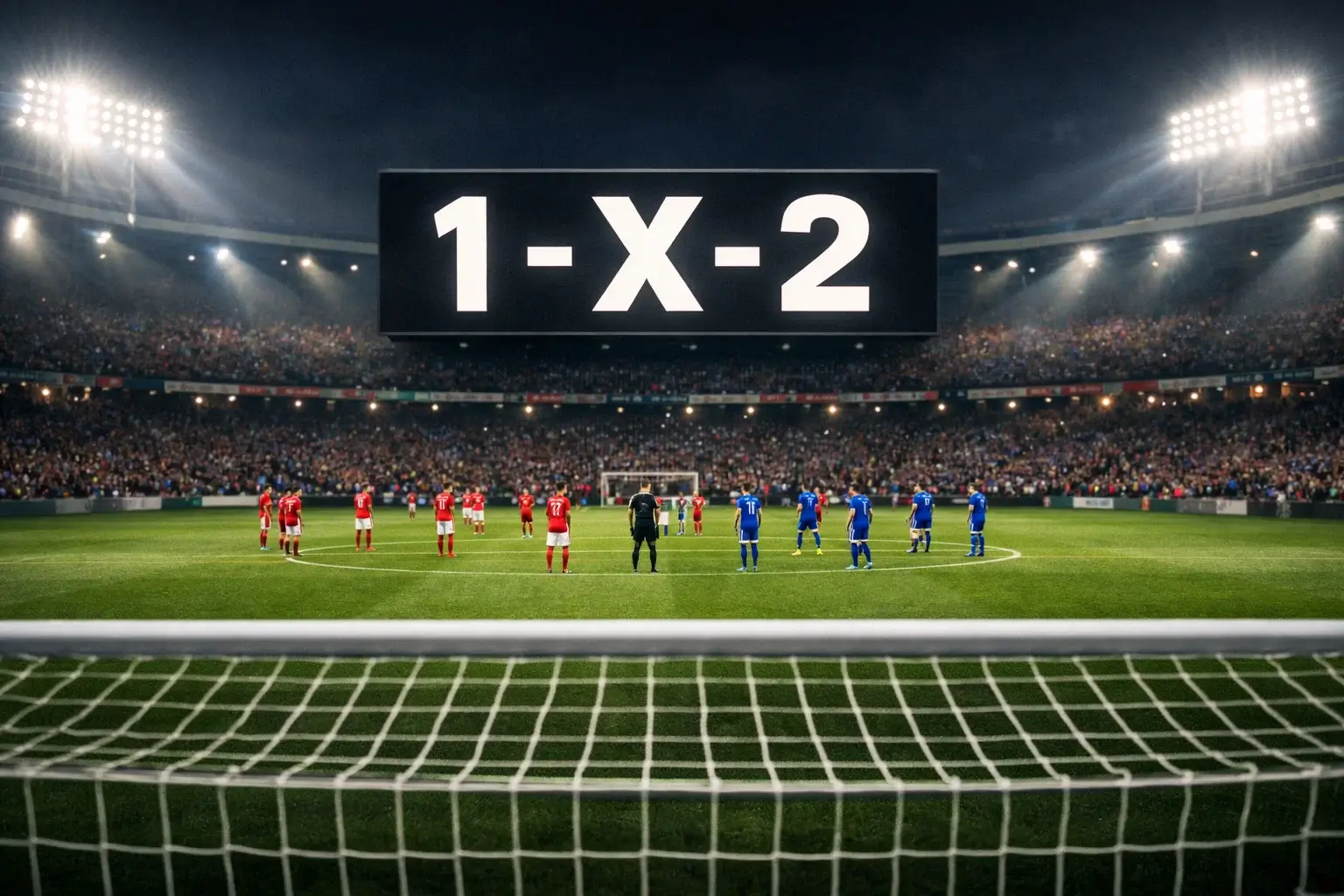 Voetbalwedstrijd met scorebord 1X2 opties voor thuiswinst gelijkspel uitwinst