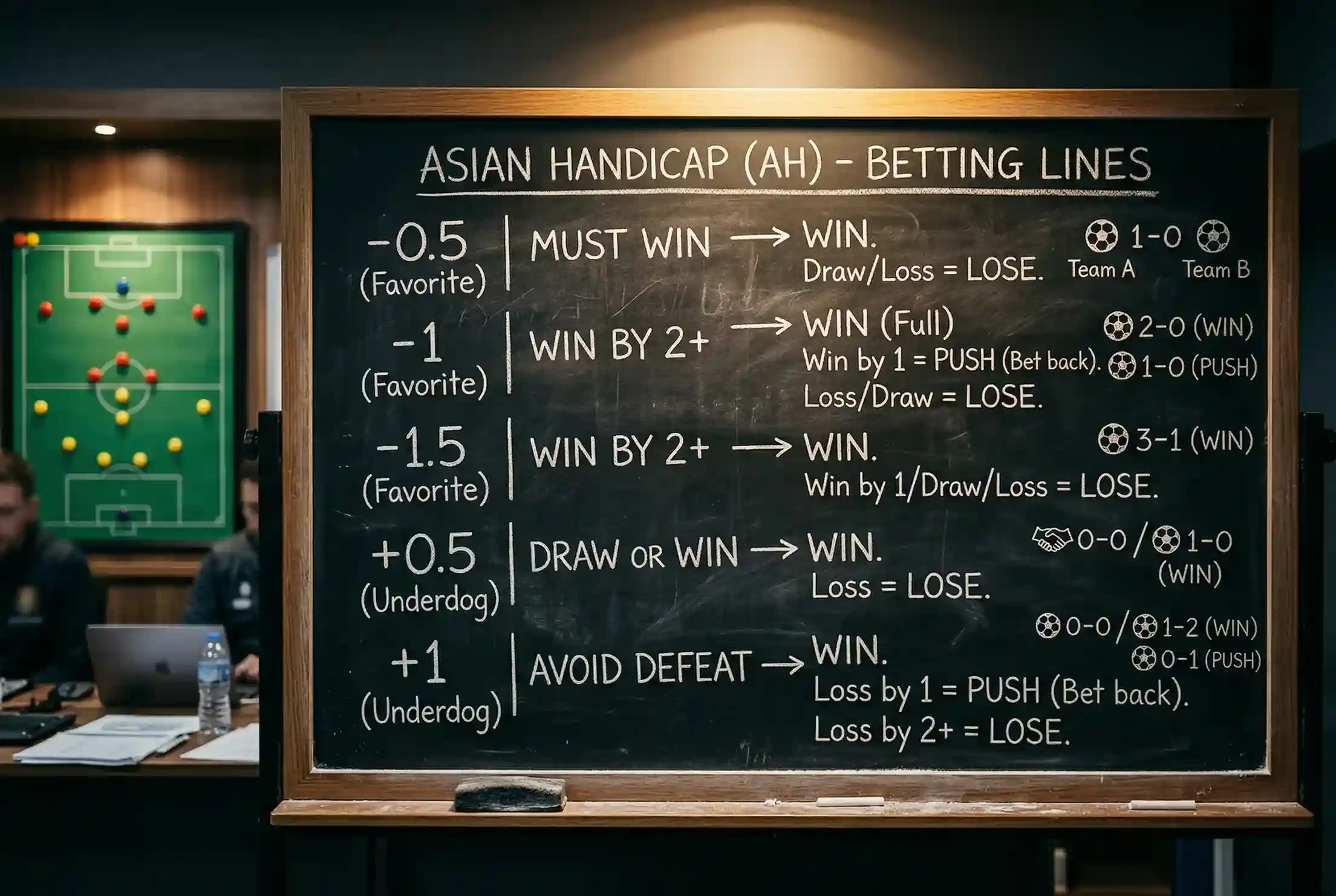 Asian Handicap uitleg met handicap lijnen en voetbalveld achtergrond