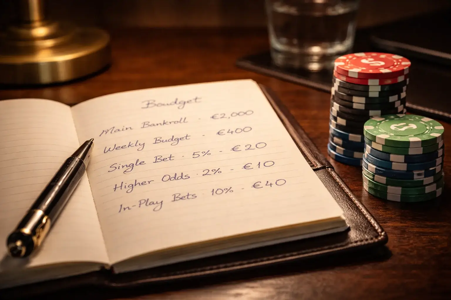 Bankroll management met notitieboek en euroteken symbolen voor wedbudget planning