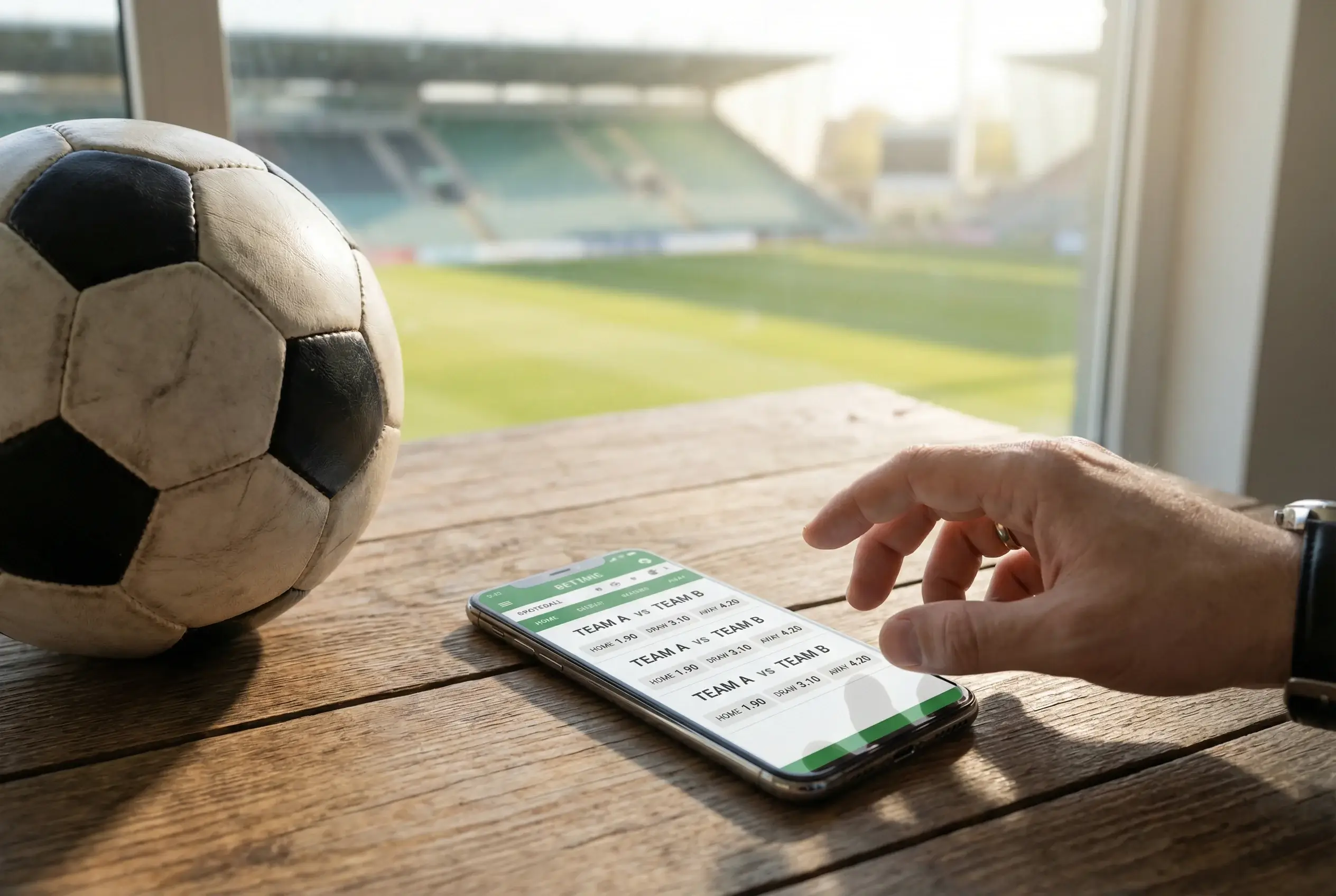 Smartphone met bookmaker app naast voetbal in stadion
