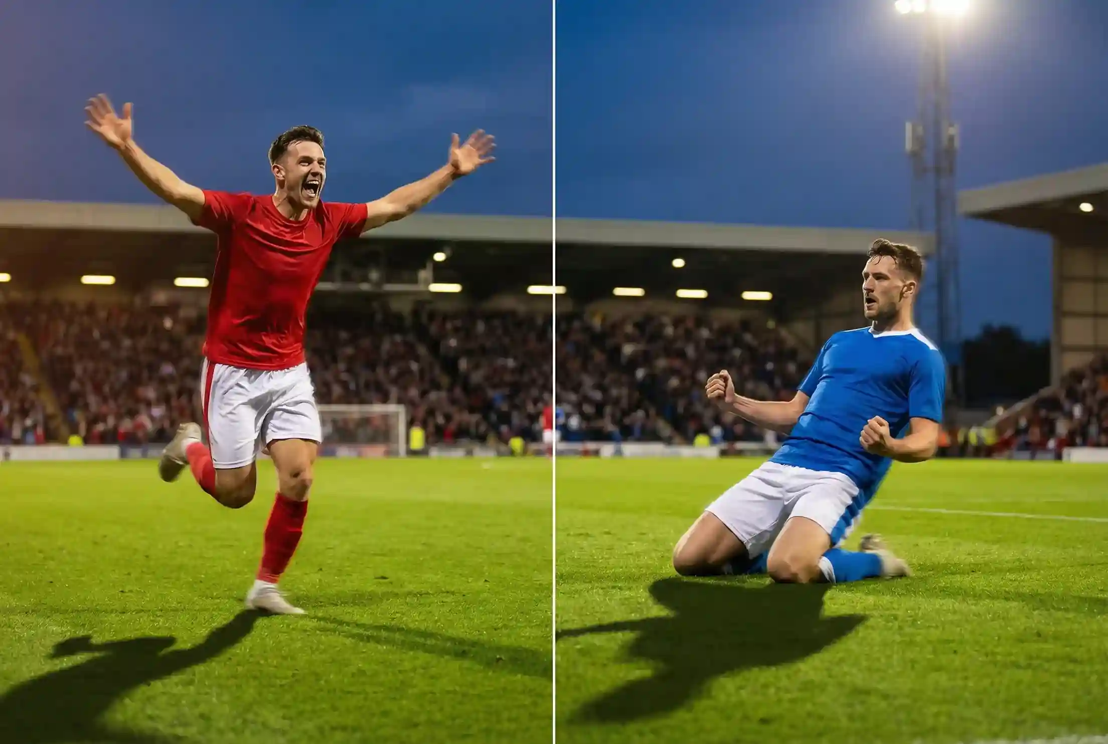 Twee voetballers uit verschillende teams die beide scoren