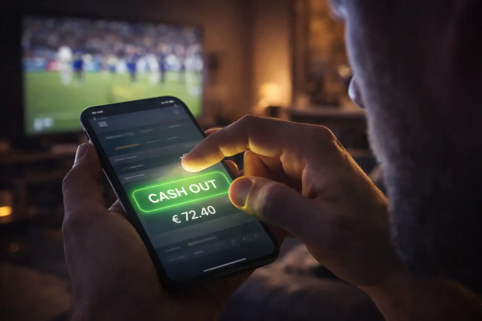 Hand drukt op cash-out knop tijdens live voetbalwedstrijd