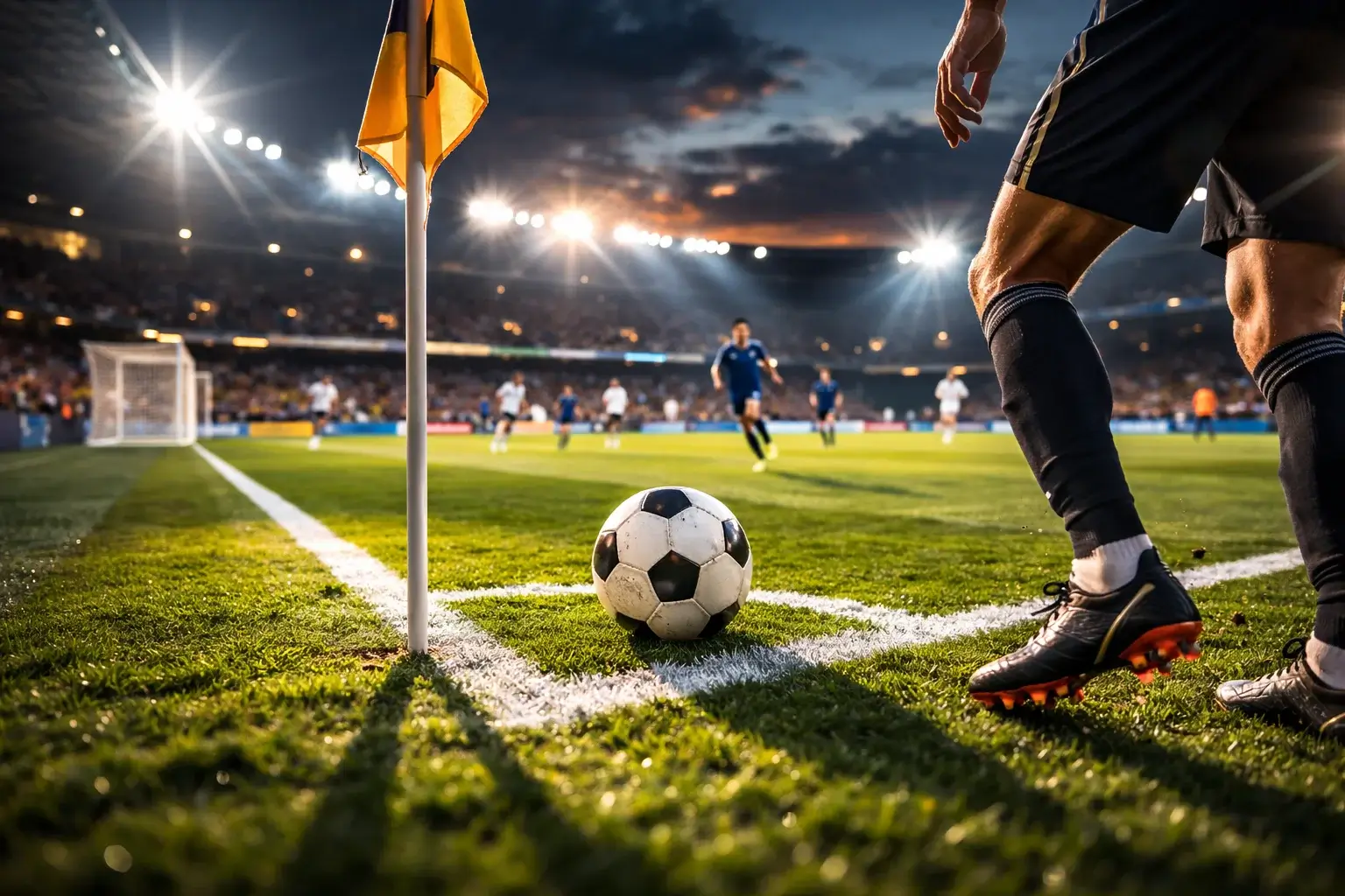 Hoekschop moment op voetbalveld met cornervlag en speler klaar voor trap