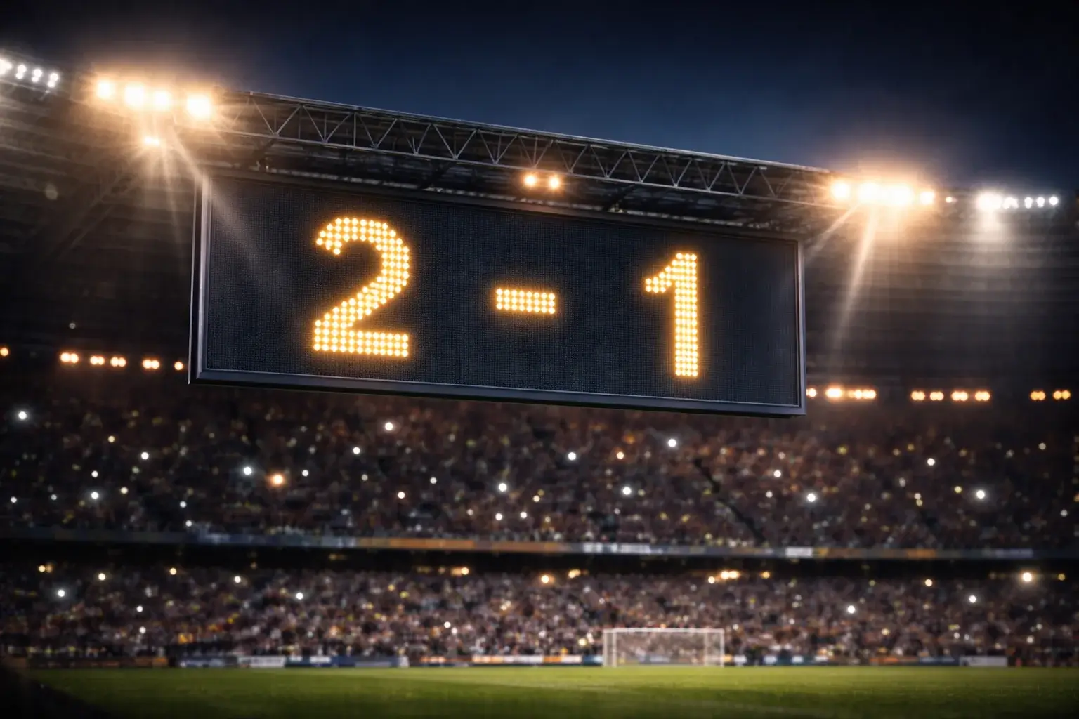 Scorebord met eindstand 2-1 in voetbalstadion
