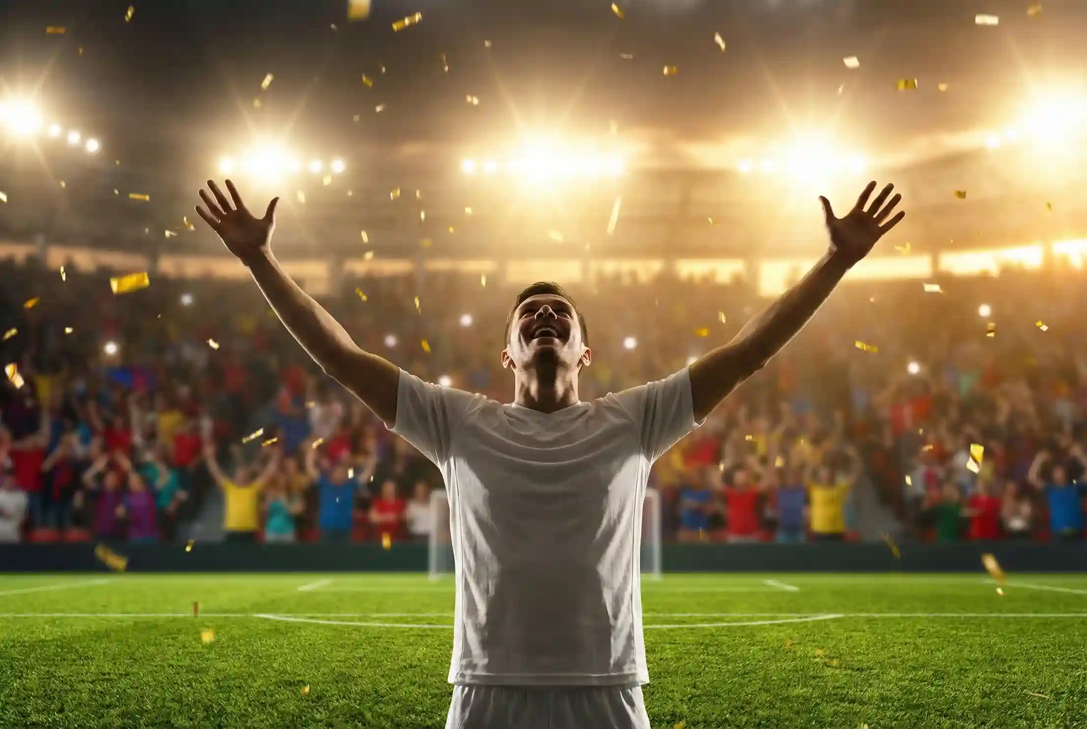 Voetbalspits viert doelpunt met armen omhoog in stadion