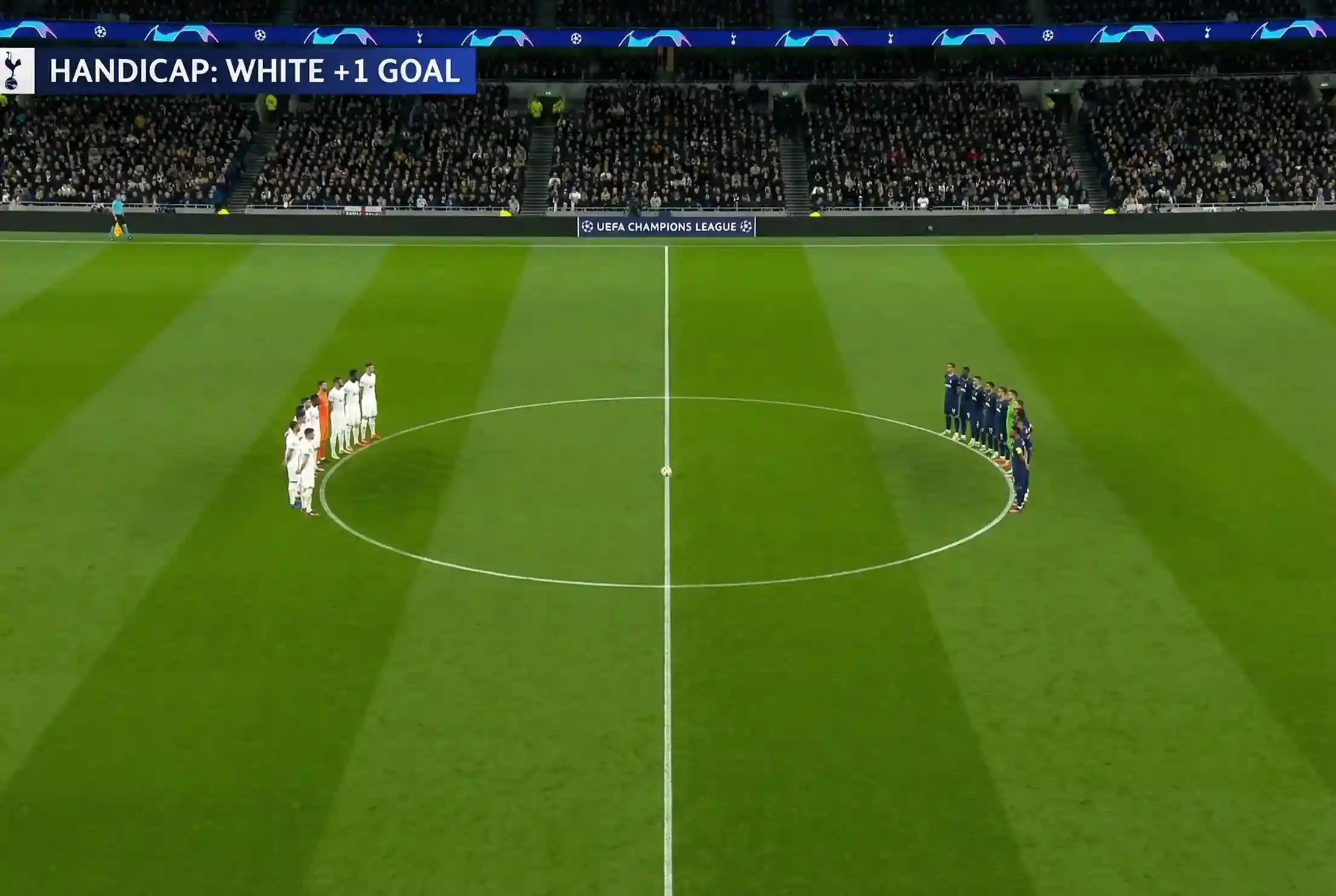 Voetbalveld met virtuele handicaplijn tussen twee teams