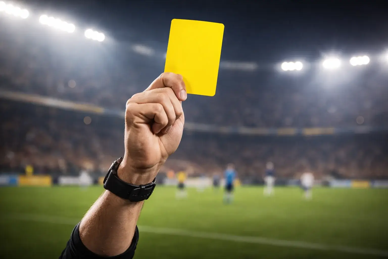 Scheidsrechter toont gele kaart tijdens voetbalwedstrijd