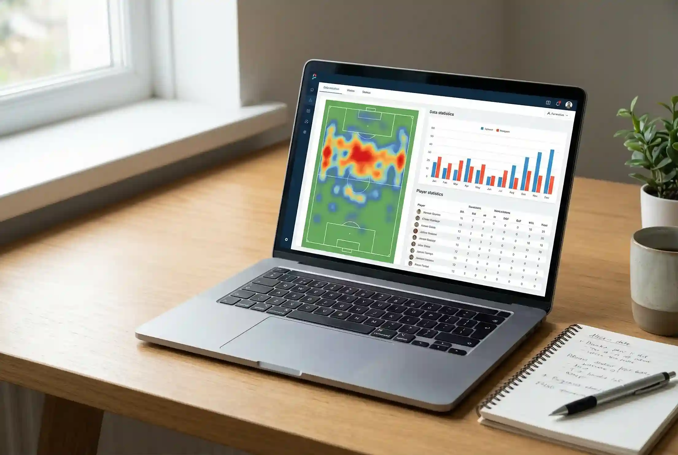 Voetbalstatistieken en data-analyse op laptop met voetbalveld diagram
